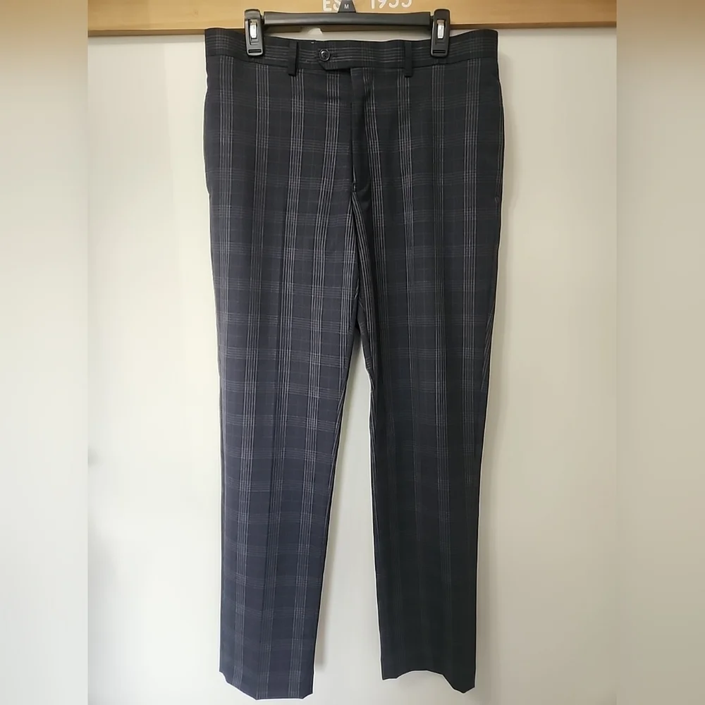 Tallia Mens Suit Pants 34x32 Navy Gray Burgundy Plaid Slim Fit Flat Front